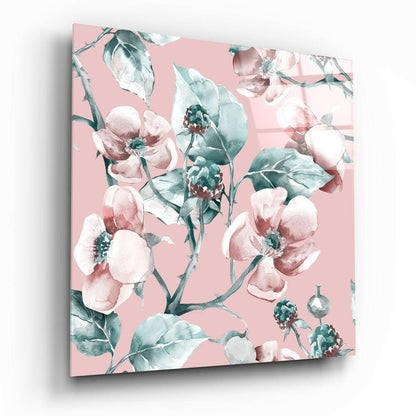 Pink Teal Wild Rose Glass Wall Art