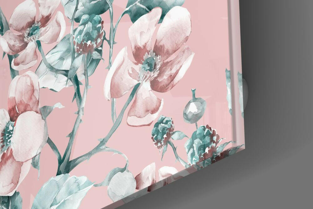 Pink Teal Wild Rose Glass Wall Art