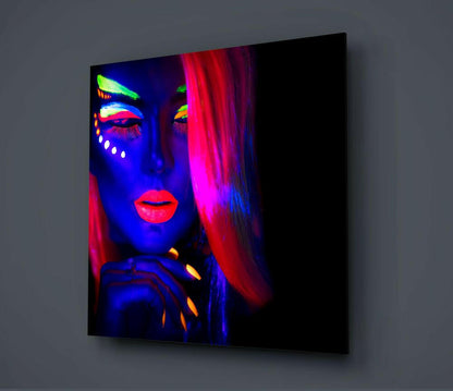 Neon Makeup Pink Hair Woman Glass Wall Art