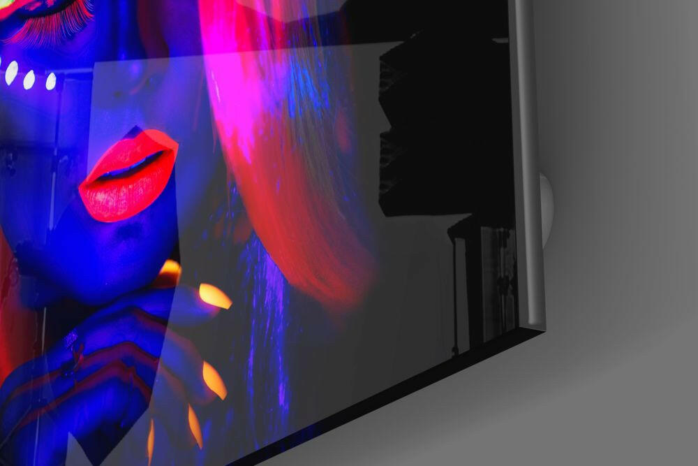 Neon Makeup Pink Hair Woman Glass Wall Art