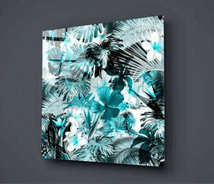 Turquoise Hibiscus Jungle Tropical Leaves Glass Wall Art