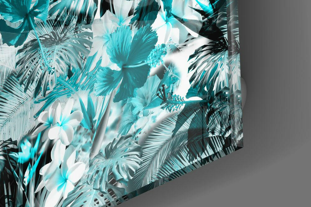 Turquoise Hibiscus Jungle Tropical Leaves Glass Wall Art