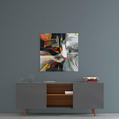 Abstract cat glass wall art with orange, black, white, and yellow geometric patterns hung above a mid-century modern console table.