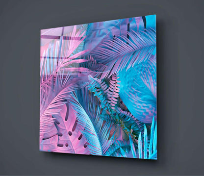 Neon Pink And Blue Palm Tropical Leaves Glass Wall Art