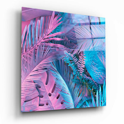 Neon Pink And Blue Palm Tropical Leaves Glass Wall Art