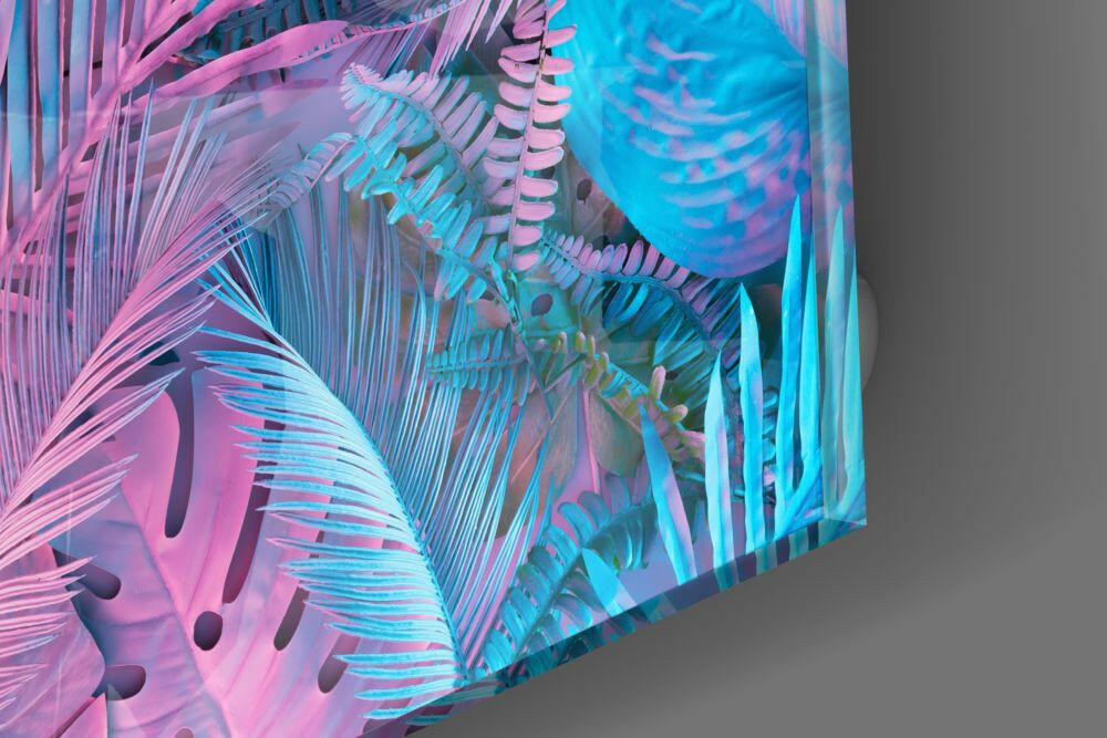 Neon Pink And Blue Palm Tropical Leaves Glass Wall Art