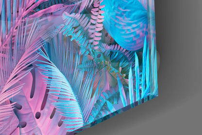 Neon Pink And Blue Palm Tropical Leaves Glass Wall Art