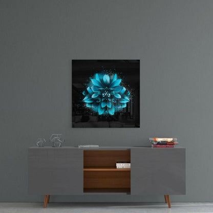 Turquoise Dahlia Burst on Black Glass Wall Art