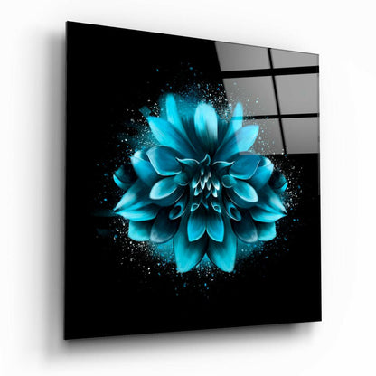 Turquoise Dahlia Burst on Black Glass Wall Art