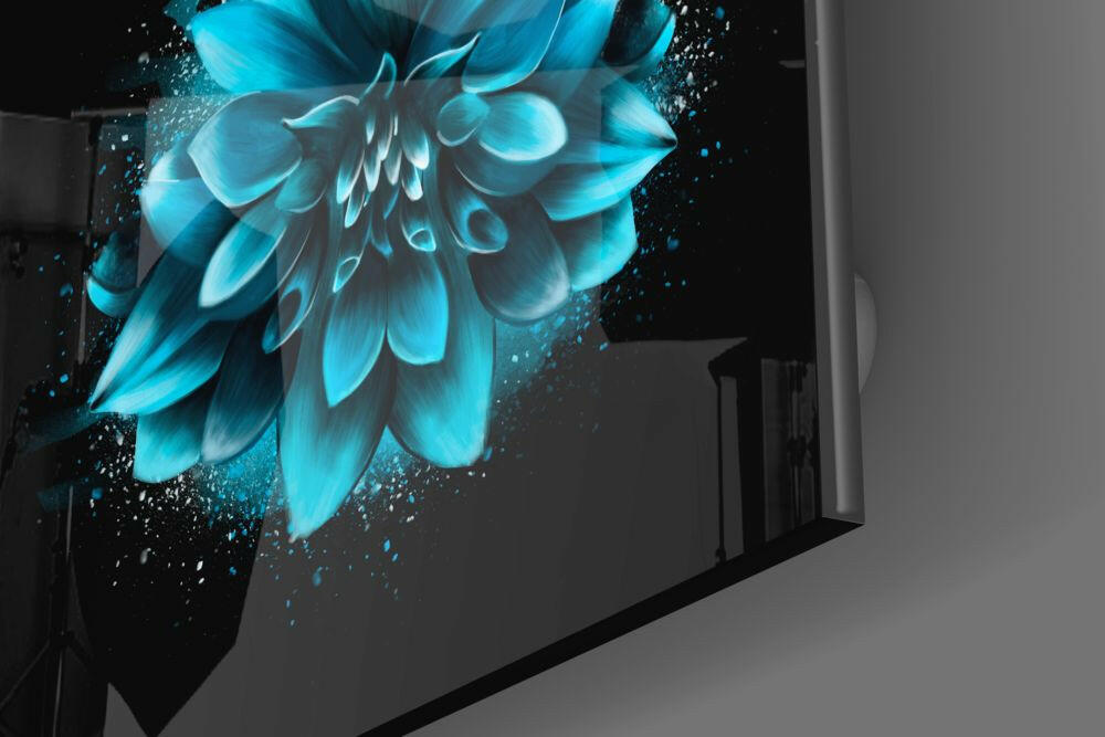 Turquoise Dahlia Burst on Black Glass Wall Art