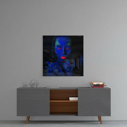Blue UV Body Paint Woman Glass Wall Art