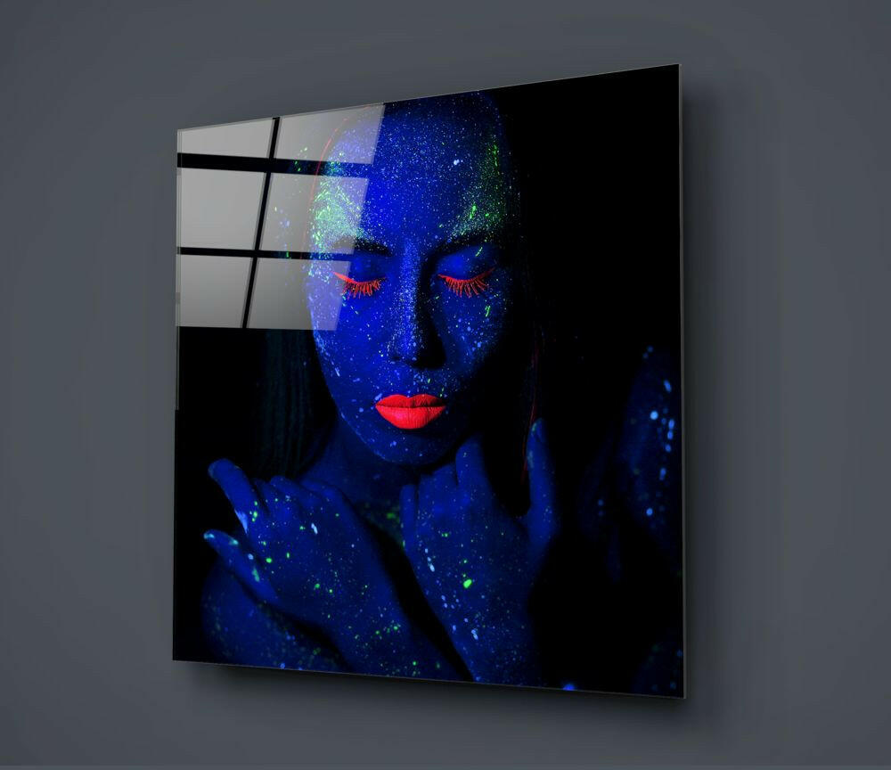 Blue UV Body Paint Woman Glass Wall Art