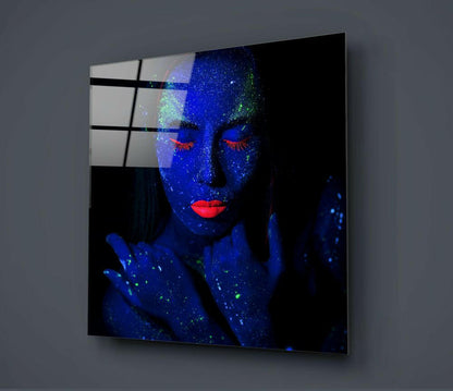 Blue UV Body Paint Woman Glass Wall Art
