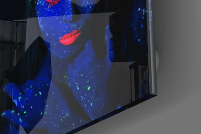 Blue UV Body Paint Woman Glass Wall Art