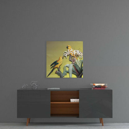 Yellow Parrots Green Backdrop Glass Wall Art