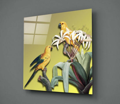 Yellow Parrots Green Backdrop Glass Wall Art