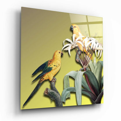 Yellow Parrots Green Backdrop Glass Wall Art