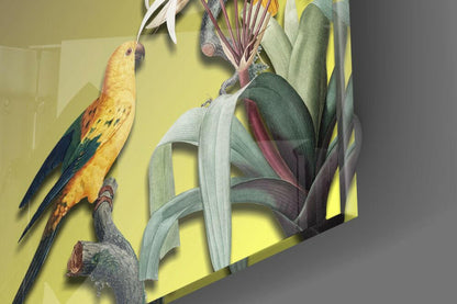 Yellow Parrots Green Backdrop Glass Wall Art