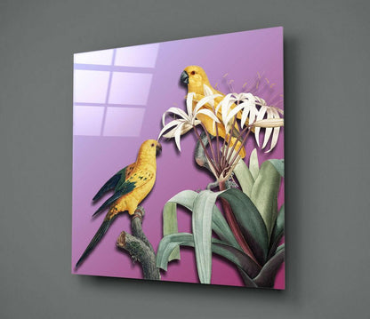 Yellow Parrots Purple Backdrop Glass Wall Art