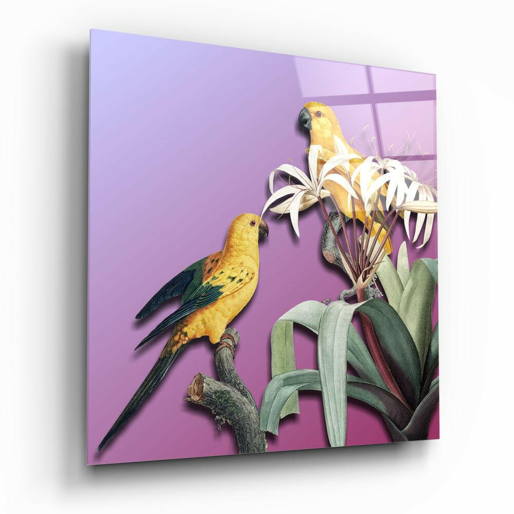 Yellow Parrots Purple Backdrop Glass Wall Art