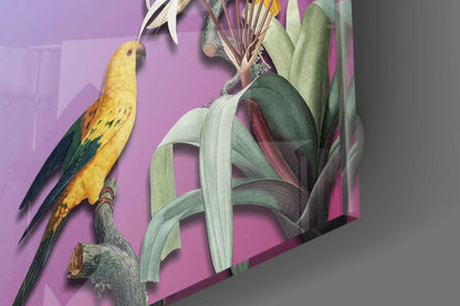 Yellow Parrots Purple Backdrop Glass Wall Art