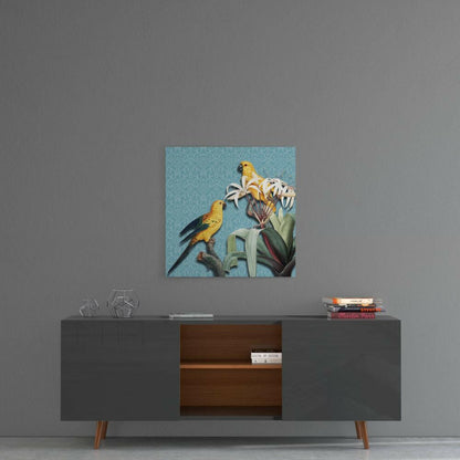 Yellow Parrots Blue Damask Glass Wall Art