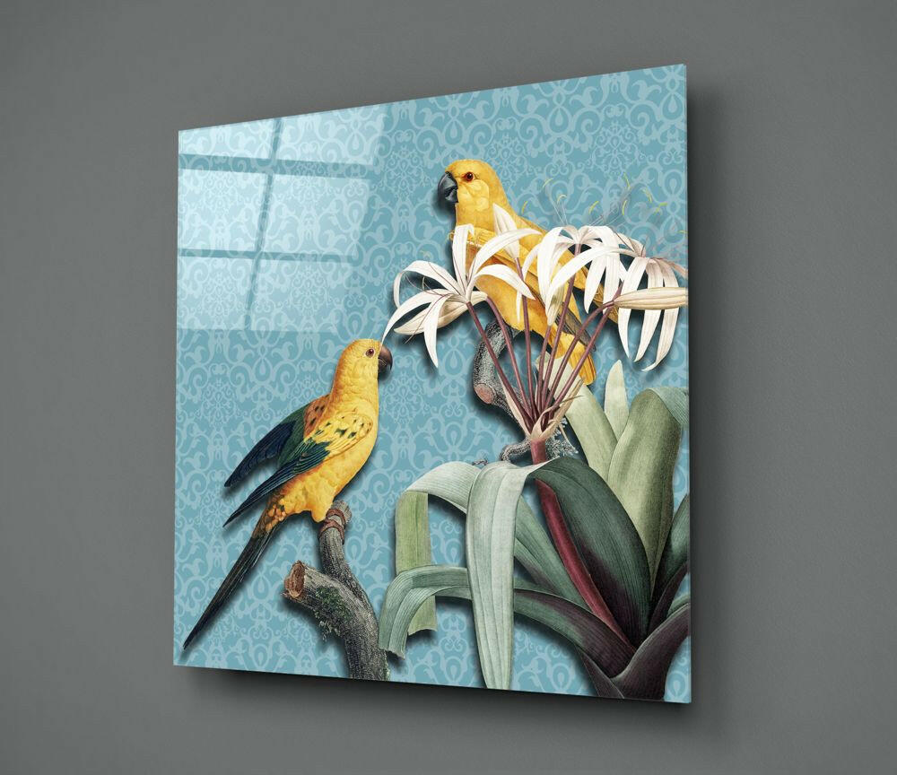 Yellow Parrots Blue Damask Glass Wall Art
