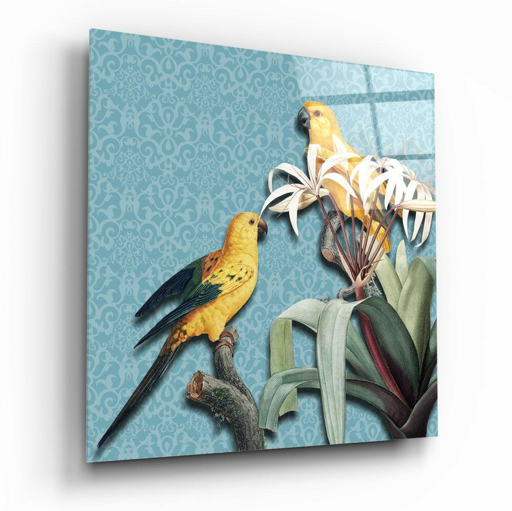 Yellow Parrots Blue Damask Glass Wall Art