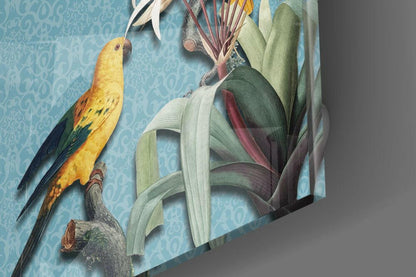 Yellow Parrots Blue Damask Glass Wall Art