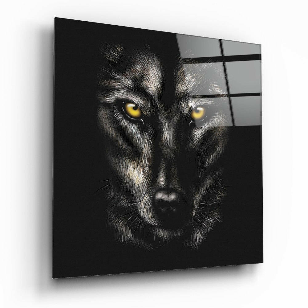 Black glass wall art displaying a close-up wolf face with striking yellow eyes against dark background, mounted at an angle.