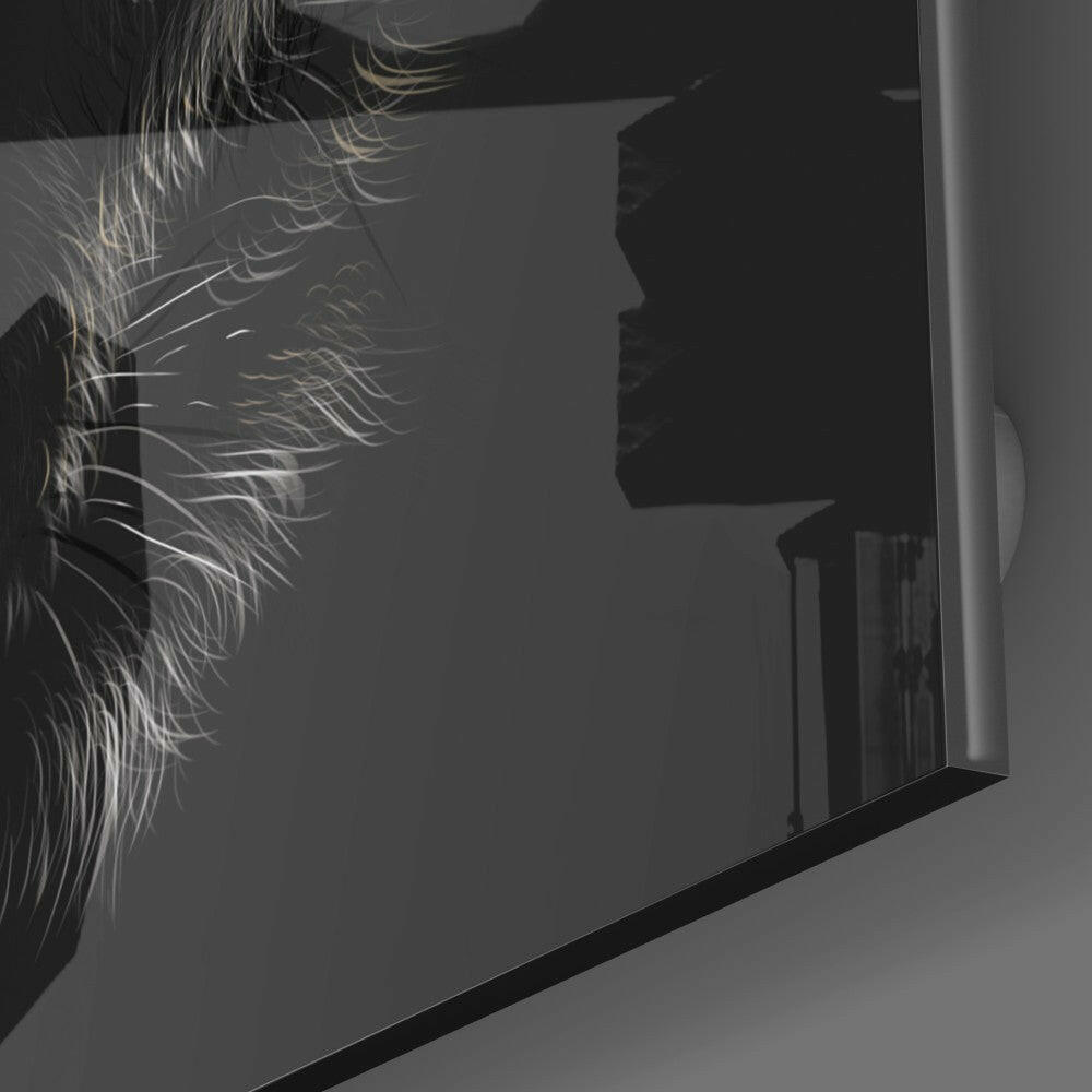 Close-up side view of frosted glass wall art showing a wolf's profile silhouette and detailed fur texture in grayscale.
