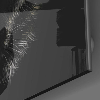 Close-up side view of frosted glass wall art showing a wolf's profile silhouette and detailed fur texture in grayscale.