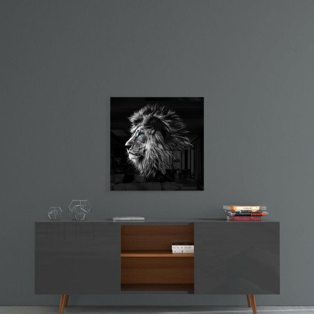 Blue Eyed Monochrome Lion Profile Glass Wall Art