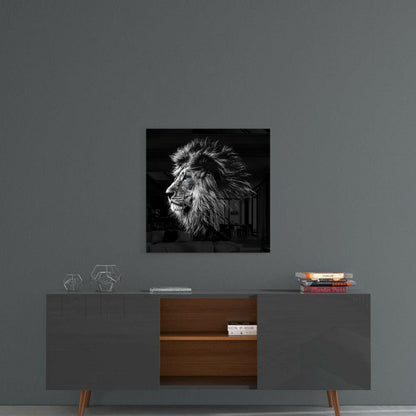 Blue Eyed Monochrome Lion Profile Glass Wall Art