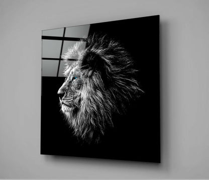 Blue Eyed Monochrome Lion Profile Glass Wall Art