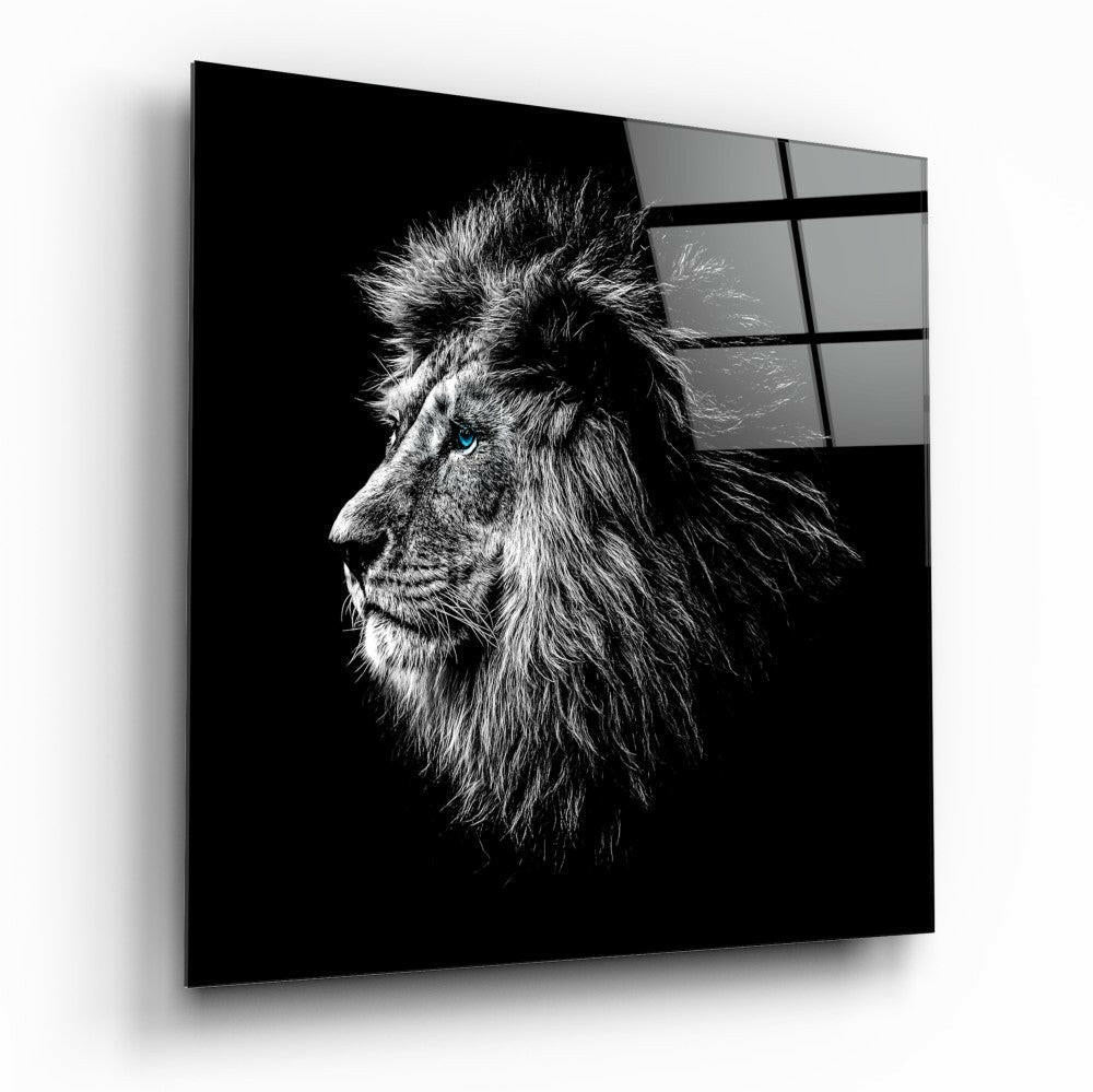 Blue Eyed Monochrome Lion Profile Glass Wall Art