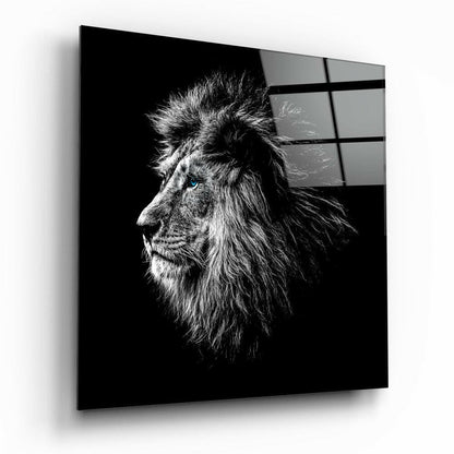 Blue Eyed Monochrome Lion Profile Glass Wall Art
