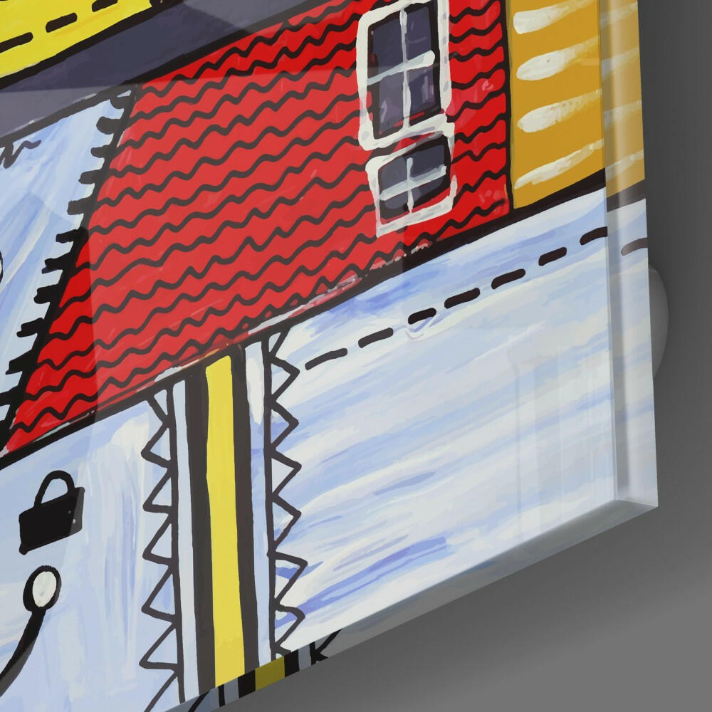 Close-up angled view of glass wall art showing a red-roofed house with white windows, yellow trim, and blue sky details with decorative stitching patterns.
