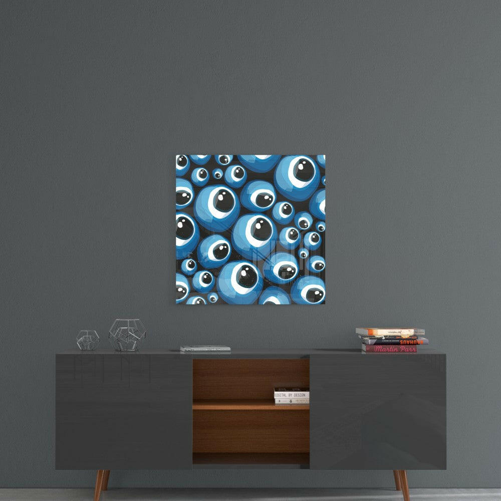 Blue evil eye beads glass wall art hanging above mid-century modern console table with geometric decor and stacked books.