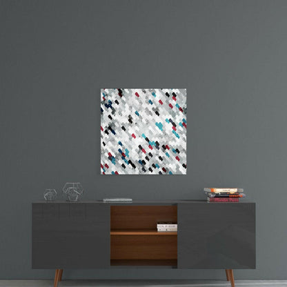 Modern mid-century console displaying abstract glass wall art with white, gray, red, and teal diamond pattern above.
