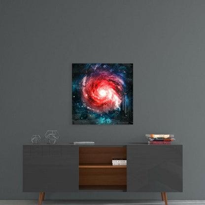 Red Spiral Galaxy Teal Nebula Glass Wall Art