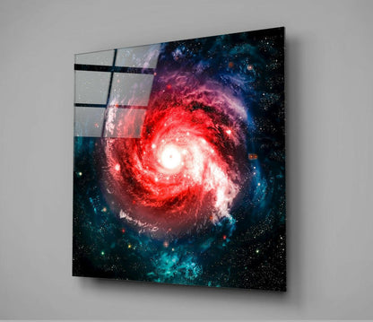 Red Spiral Galaxy Teal Nebula Glass Wall Art