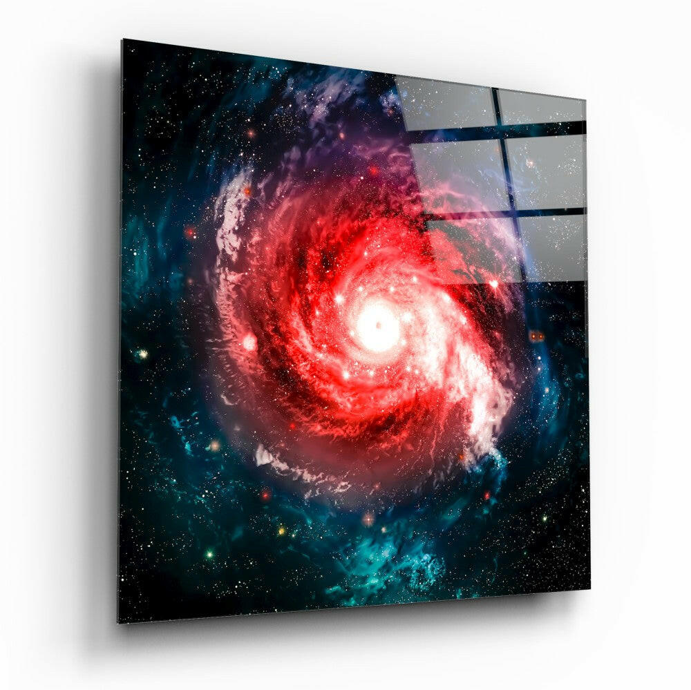 Red Spiral Galaxy Teal Nebula Glass Wall Art