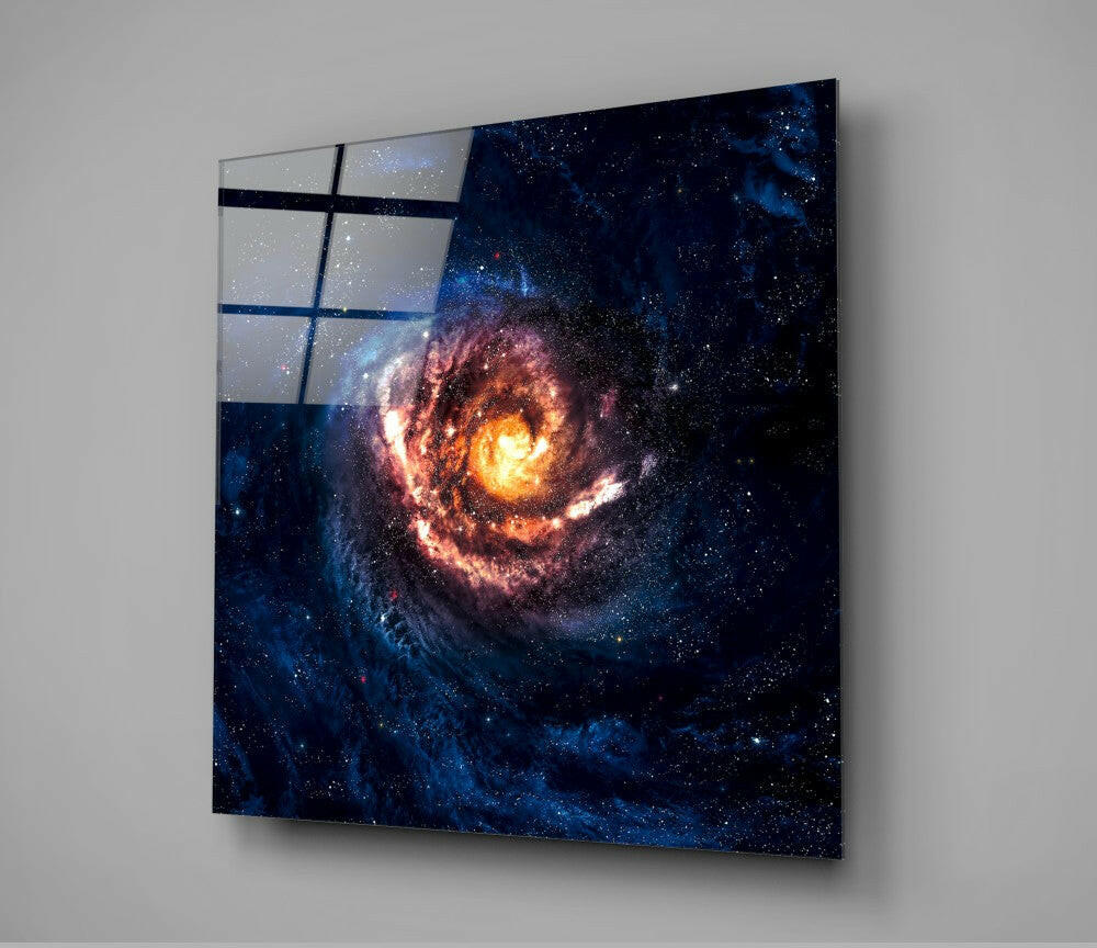 Golden Core Spiral Galaxy Blue Glass Wall Art