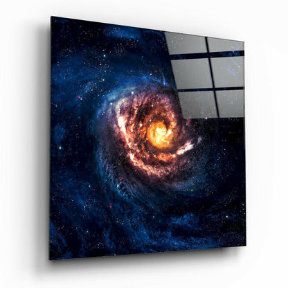 Golden Core Spiral Galaxy Blue Glass Wall Art