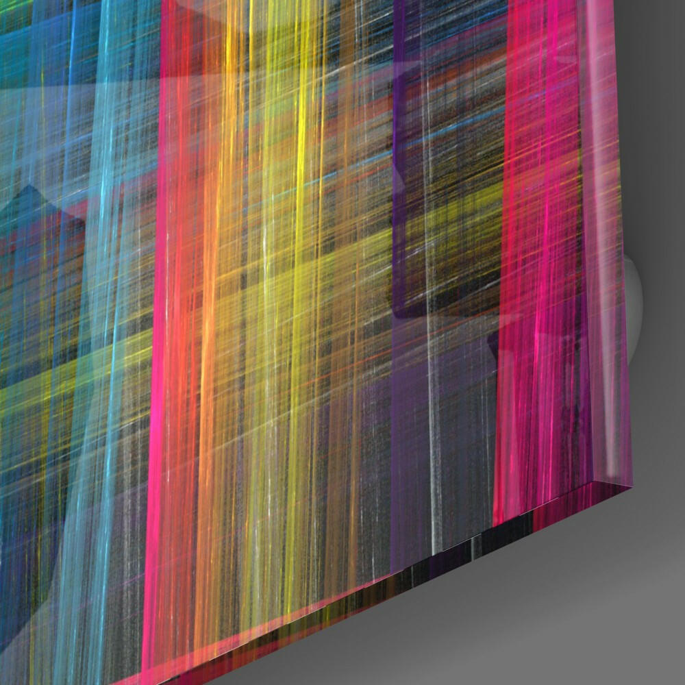 Angled view of translucent glass wall art displaying vertical stripes in blue, red, orange, yellow, and pink hues against gray background.