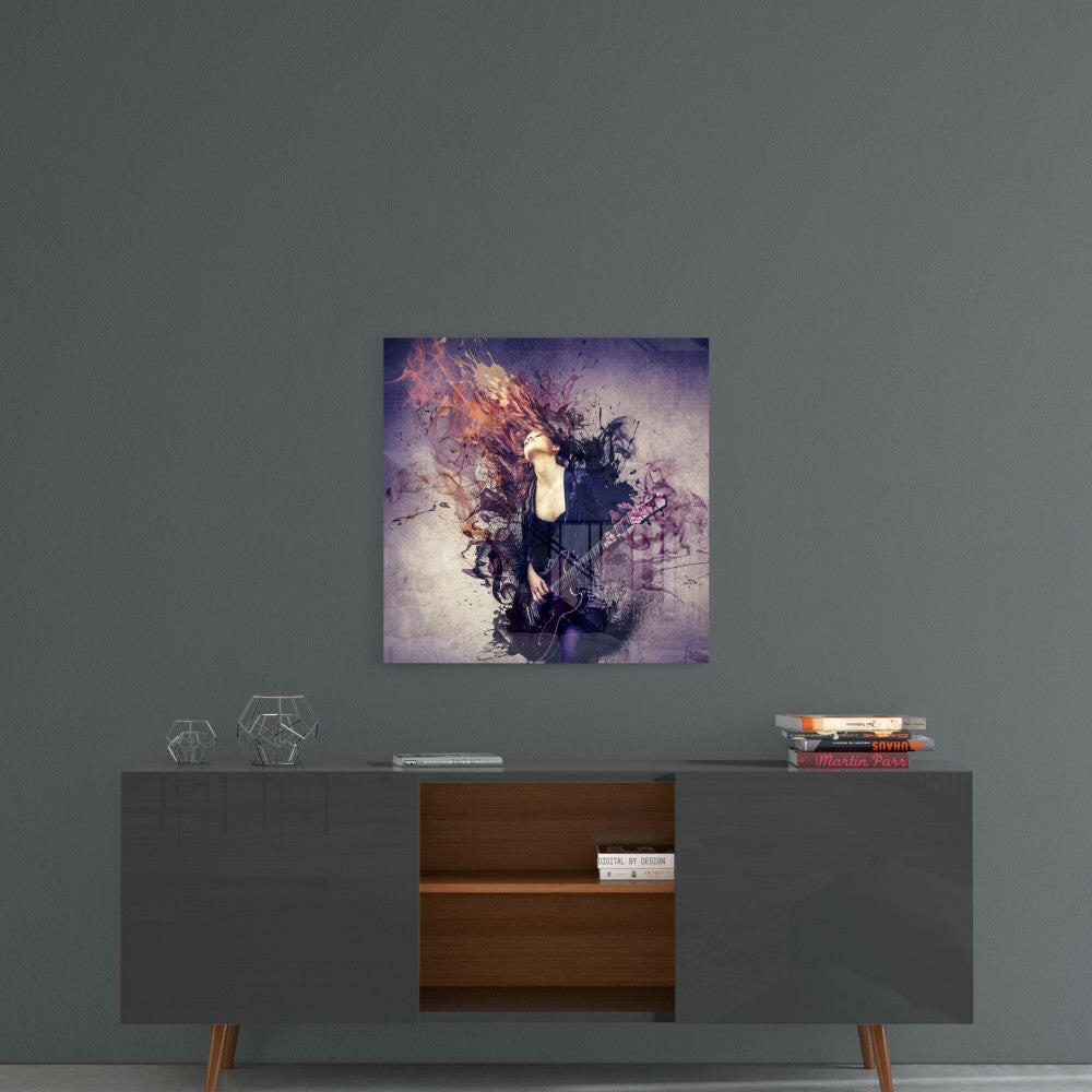 Glass wall art featuring a woman with flowing hair and guitar against purple and gold abstract background, displayed above mid-century modern console table.