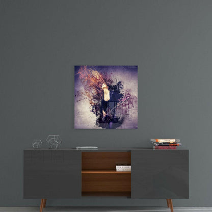 Glass wall art featuring a woman with flowing hair and guitar against purple and gold abstract background, displayed above mid-century modern console table.