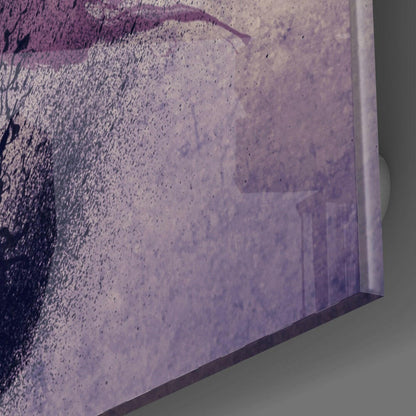 Close-up edge view of purple-toned glass wall art showing textured surface detail and beveled glass edge against white background.