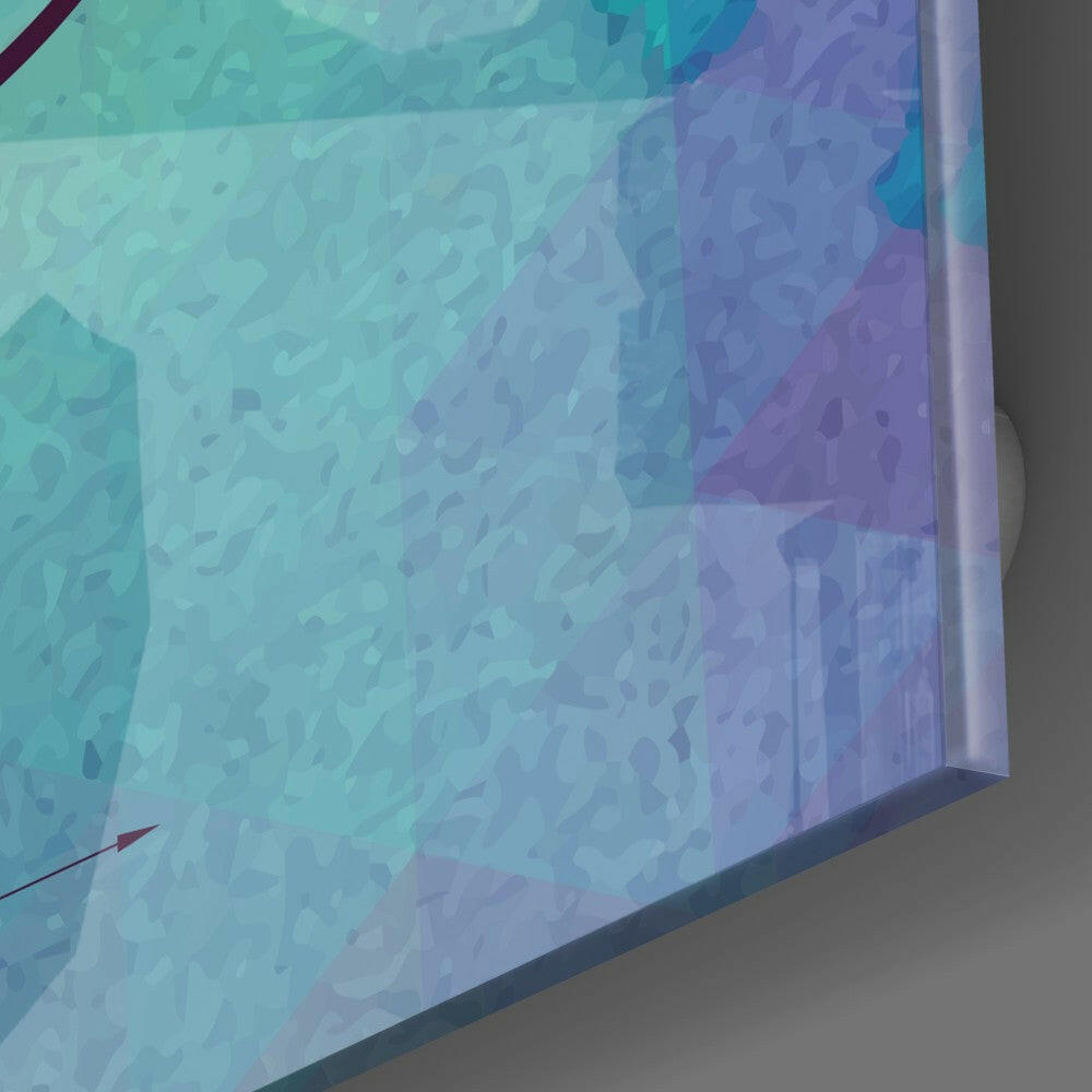 Close-up angled view of glass wall art edge showing turquoise and purple gradient abstract pattern with textured surface.